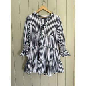 Pomander Place Kenzo Mini Dress L LargeBlue White Tiered Striped Y19591T
